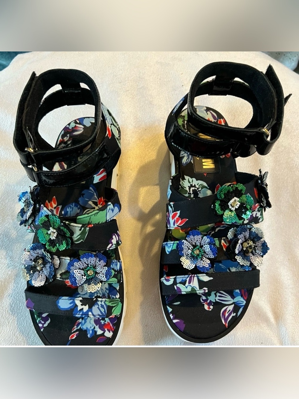 MSGM Black Floral Sequin Strap Sandals size UK 41